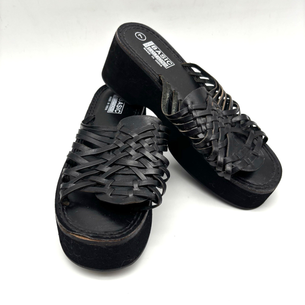 Vintage 90s Basic Editions Black Woven Genuine Leather Chunky Platform Sandals 7